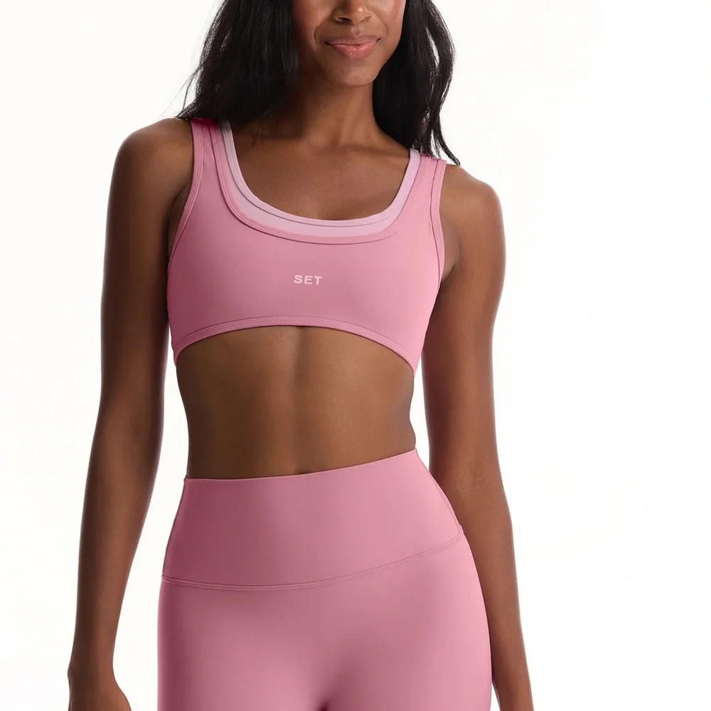 NEW Set Active Large XL Pink Matching Set Glossy Leggings Double Layer Sport bra